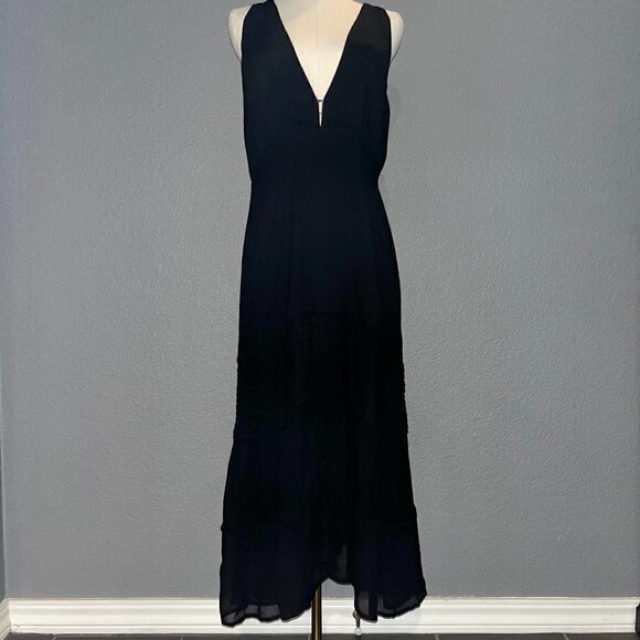 AURA Black Tiered Boho Maxi Dress with Deep V Neck Sheer Ruffled Skirt EUC -  L - Picture 1 of 14